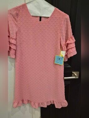 CeCe Pink Swiss Dot Ruffle Sleeve Shift Dress- Size 2 (Small)